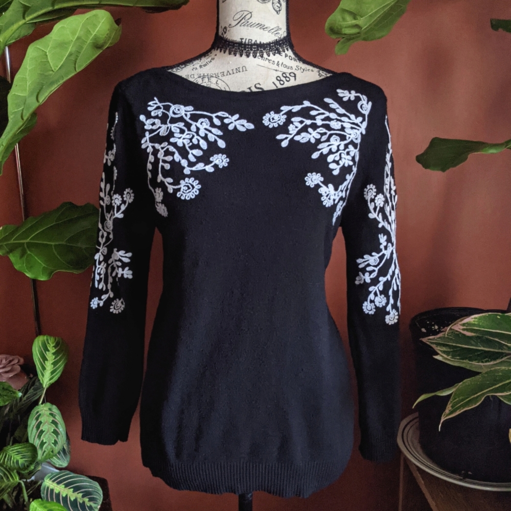 Rain + Rose Black Embroidered Knit Sweater